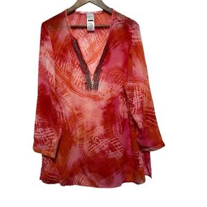 Chicos Blouse Womens XL 16 Orange Watercolor Semi Sheer Beaded V Neck Tunic
